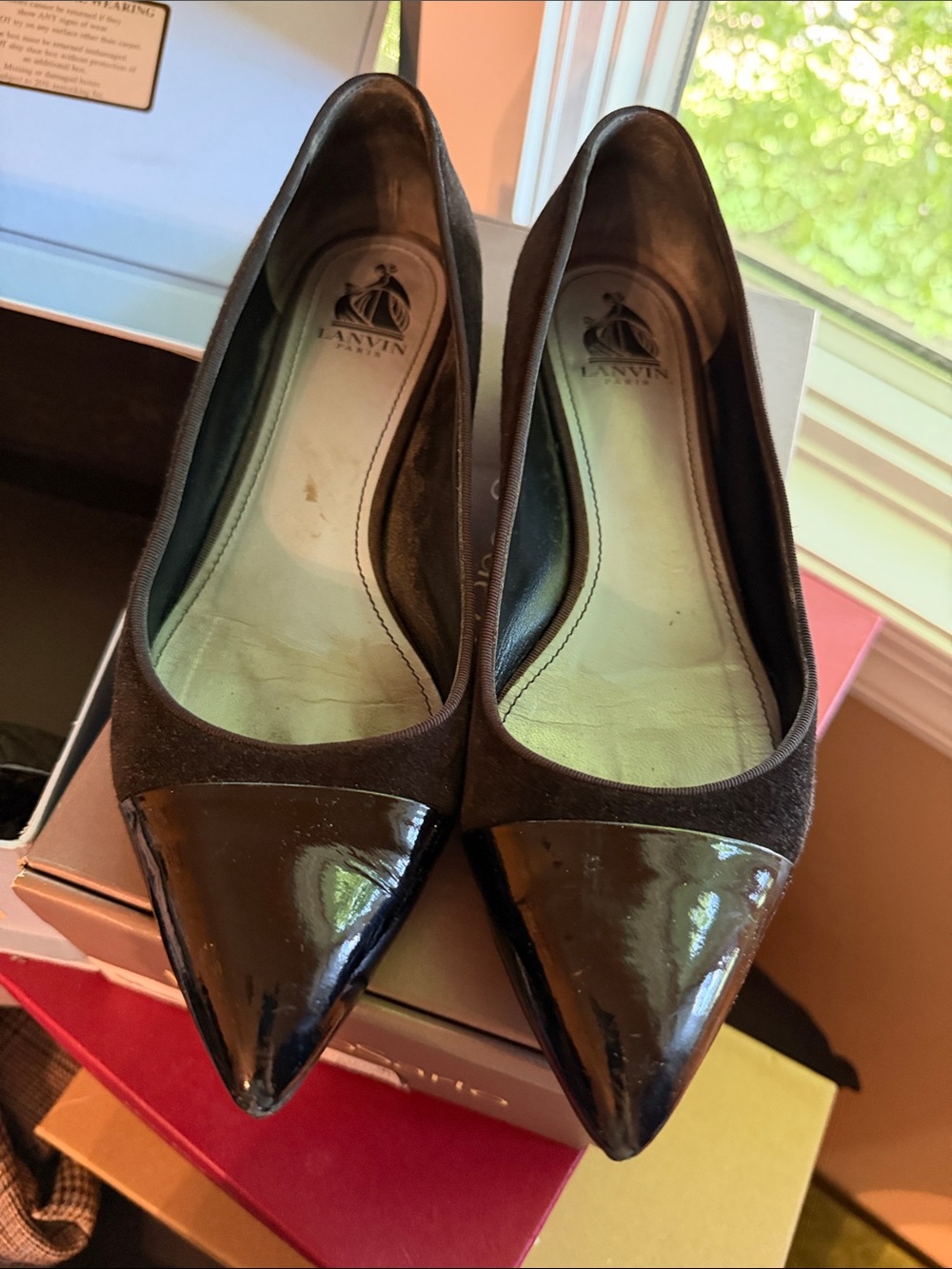 Lanvin Black suede low heel patent leather toe Size 38.5  great condition W/ box